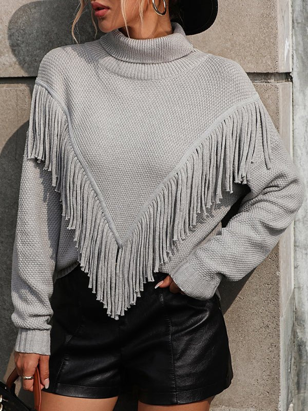 Women's Fringe Turtleneck Sweater - TayDiane