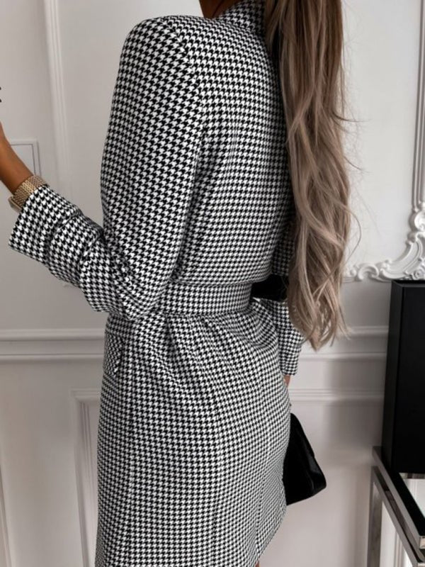 Women's Houndstooth Long - Sleeve Belted Double - Breasted Dress - TayDiane