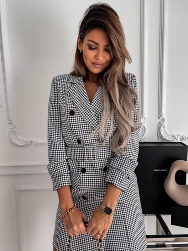 Women's Houndstooth Long - Sleeve Belted Double - Breasted Dress - TayDiane