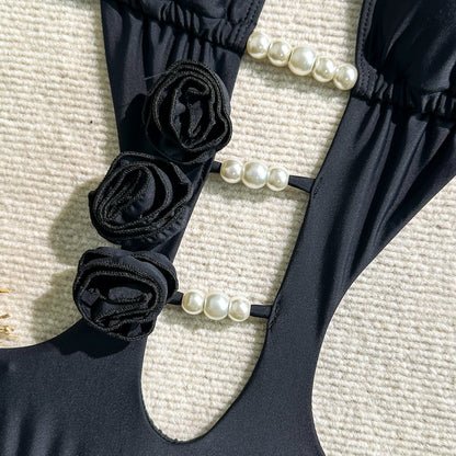 Women’s Solid Color One - Piece Swimsuit with 3D Floral Details - TayDiane