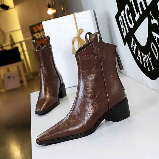 Women's Winter Boots with Chunky Heels and Pointed Toes - TayDiane