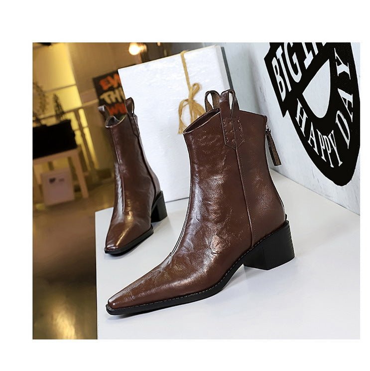 Women's Winter Boots with Chunky Heels and Pointed Toes - TayDiane