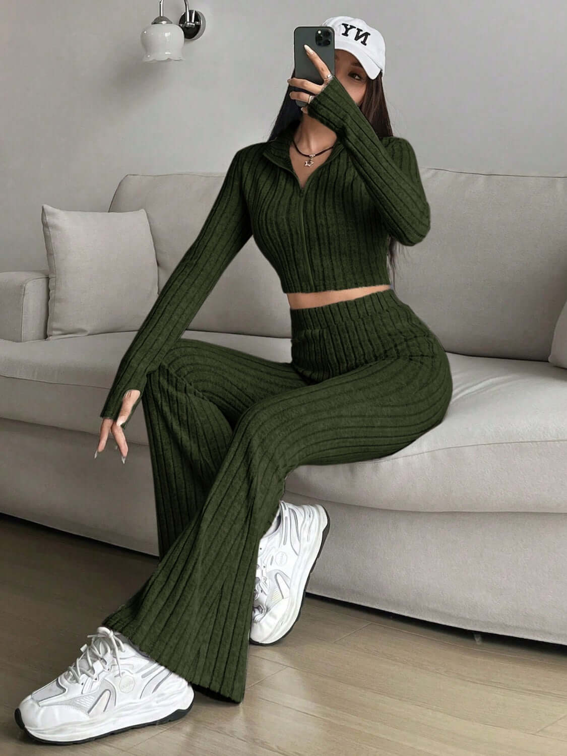 Zip Up Long Sleeve Top and Pants Set - TayDiane