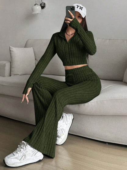 Zip Up Long Sleeve Top and Pants Set - TayDiane