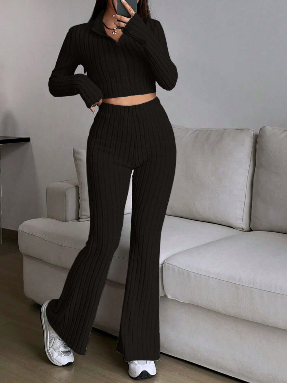 Zip Up Long Sleeve Top and Pants Set - TayDiane