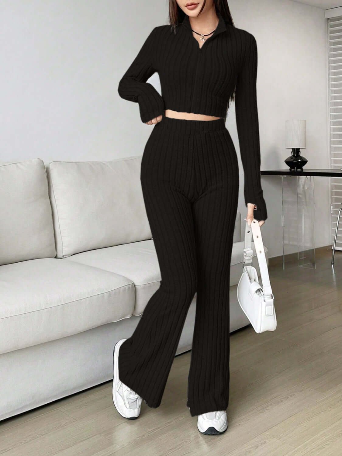 Zip Up Long Sleeve Top and Pants Set - TayDiane