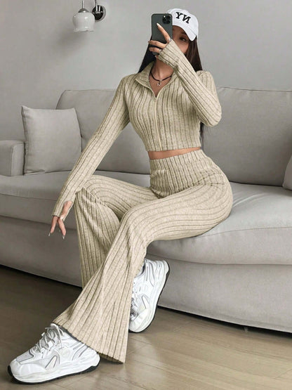 Zip Up Long Sleeve Top and Pants Set - TayDiane