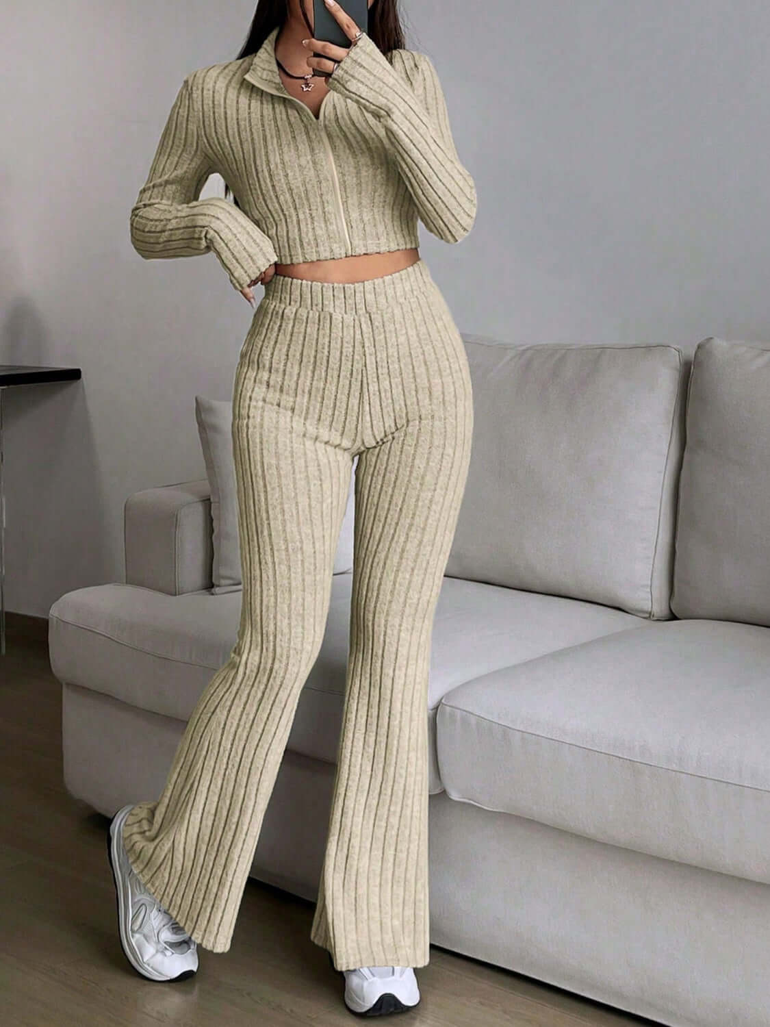 Zip Up Long Sleeve Top and Pants Set - TayDiane