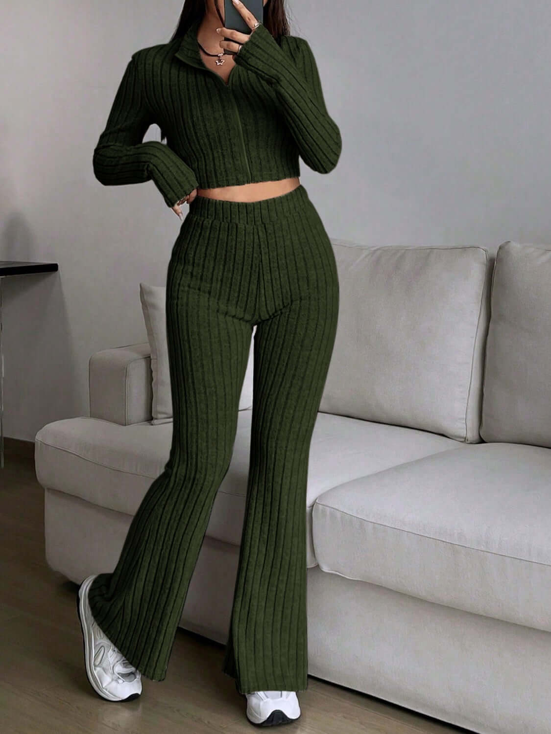 Zip Up Long Sleeve Top and Pants Set - TayDiane