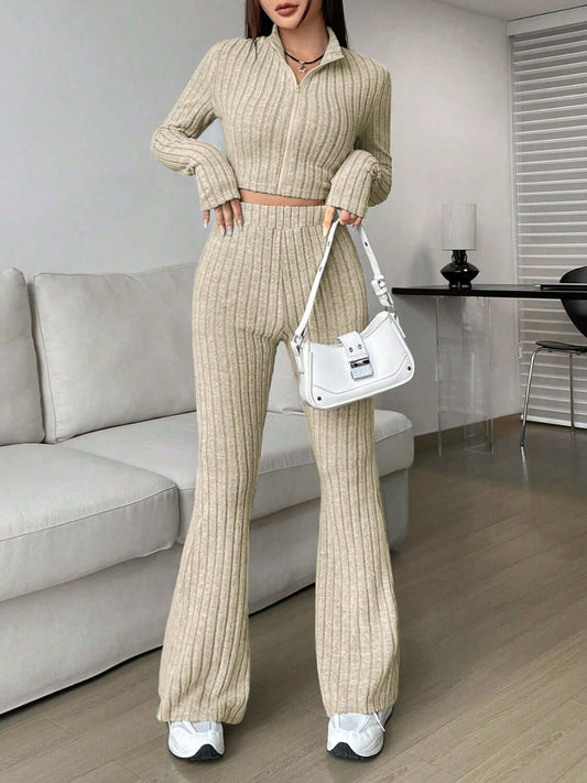 Zip Up Long Sleeve Top and Pants Set - TayDiane