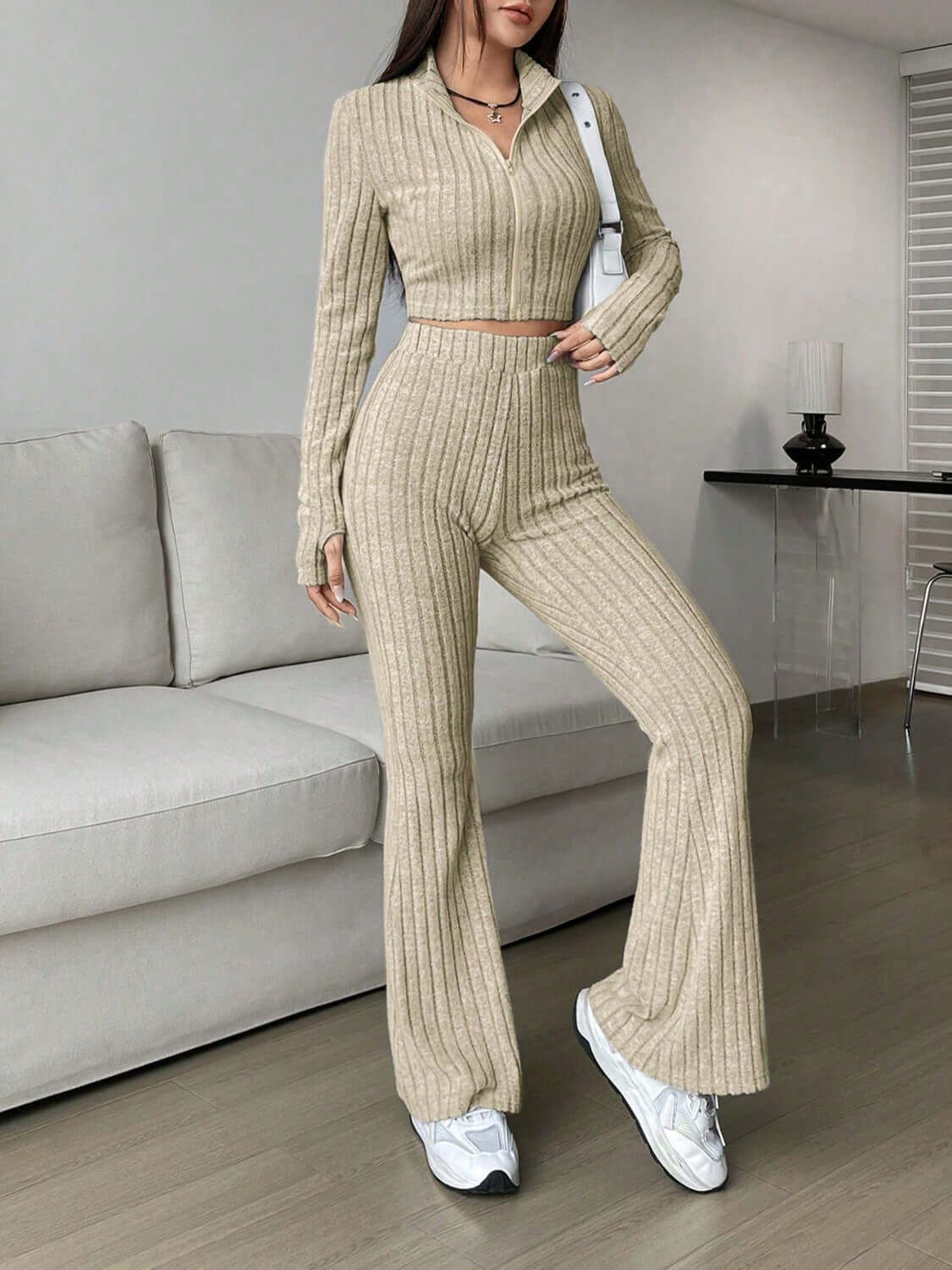 Zip Up Long Sleeve Top and Pants Set - TayDiane