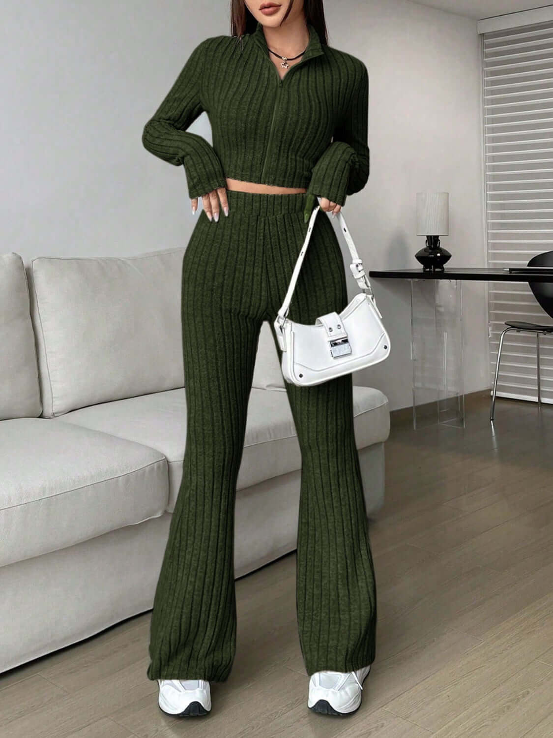 Zip Up Long Sleeve Top and Pants Set - TayDiane