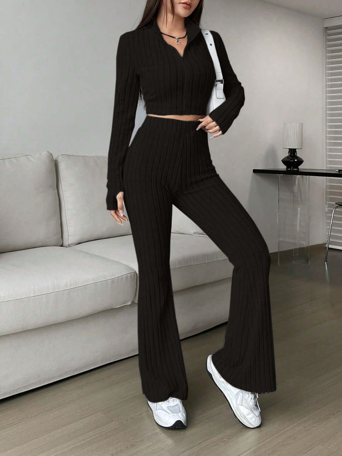 Zip Up Long Sleeve Top and Pants Set - TayDiane