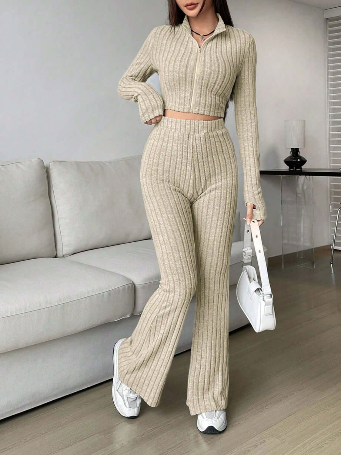 Zip Up Long Sleeve Top and Pants Set - TayDiane