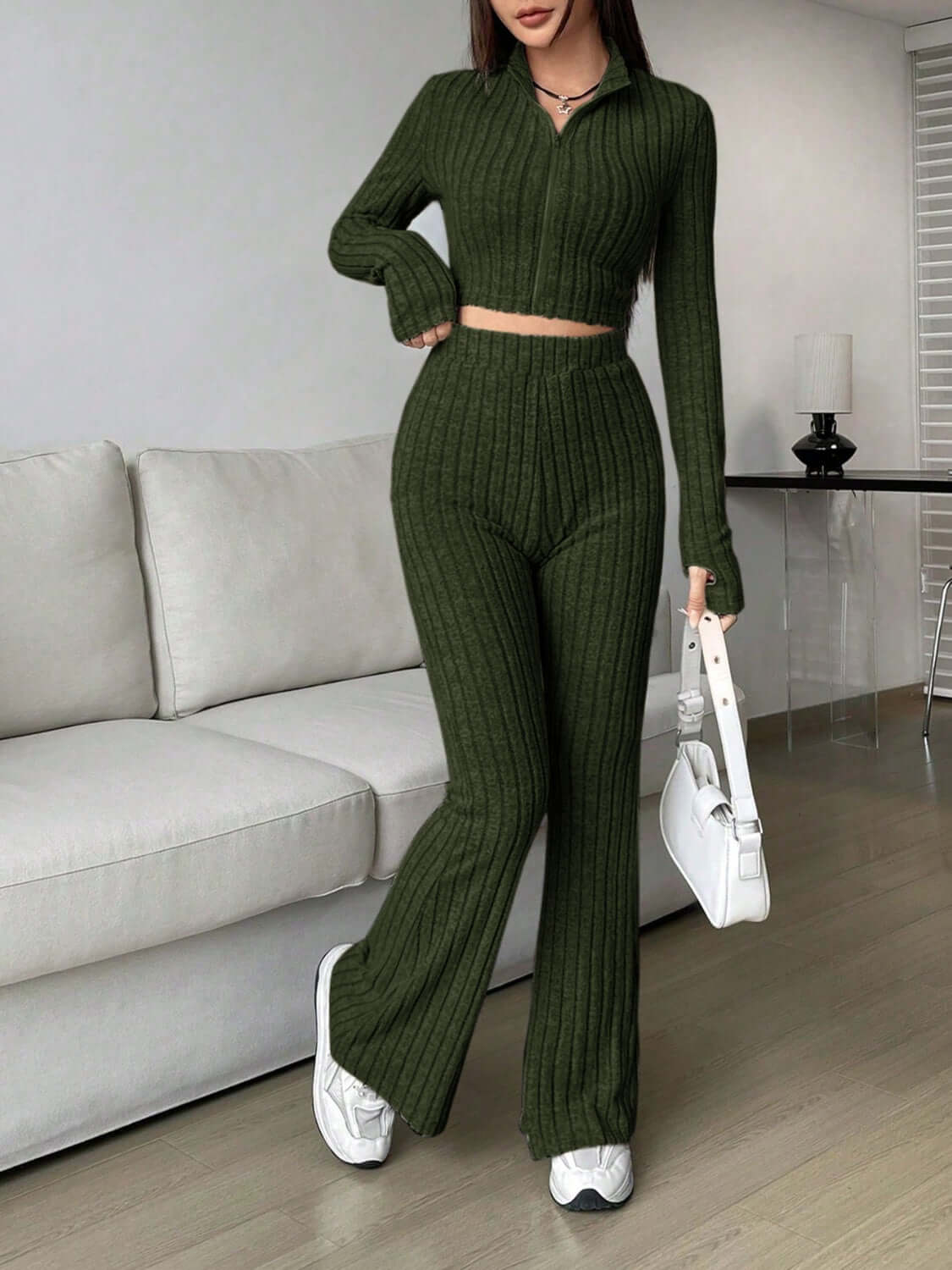 Zip Up Long Sleeve Top and Pants Set - TayDiane