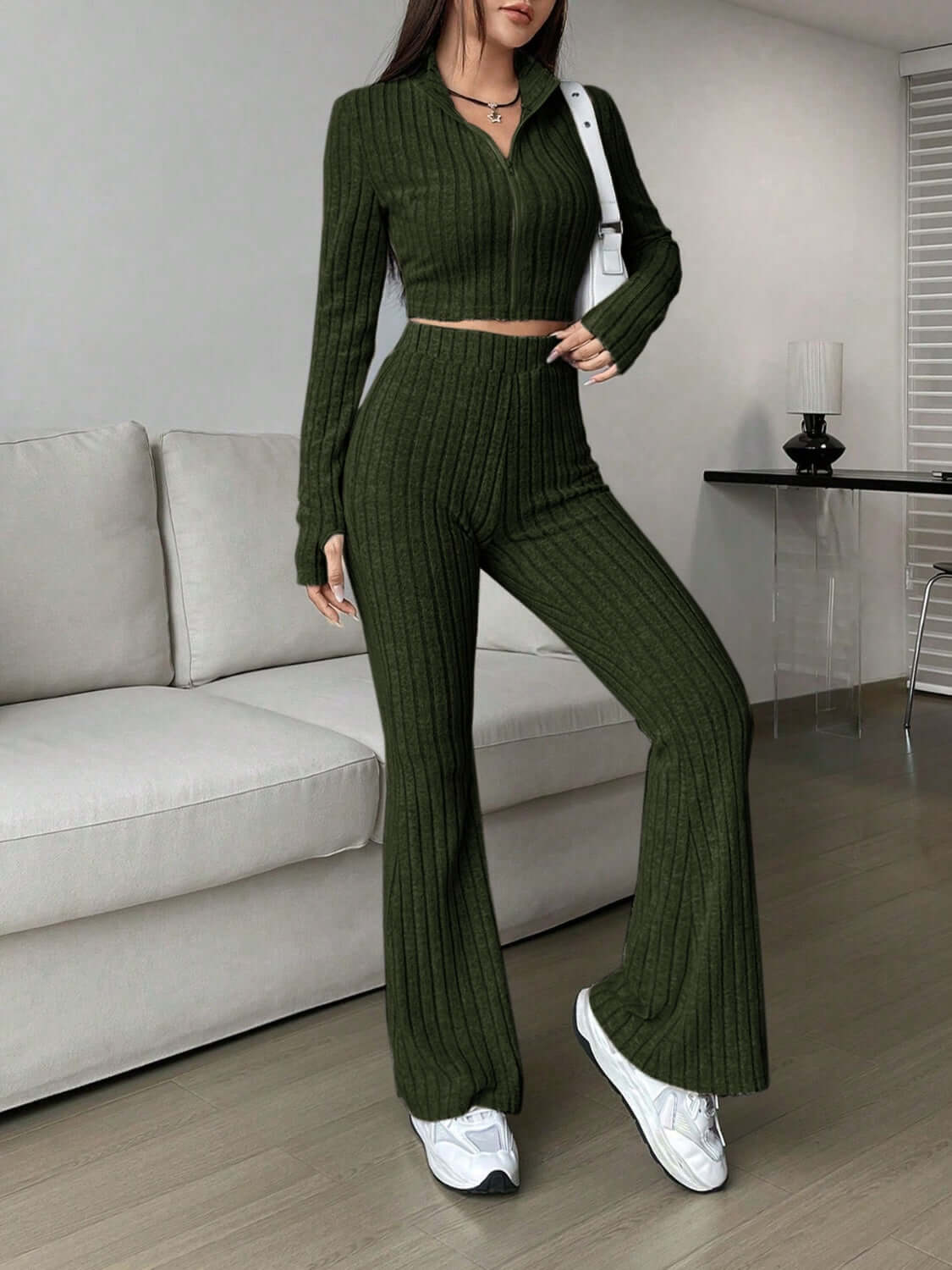 Zip Up Long Sleeve Top and Pants Set - TayDiane