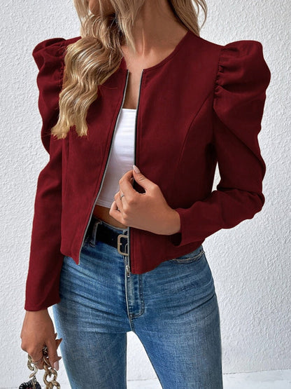 Zip Up Puff Sleeve Jacket - TayDiane