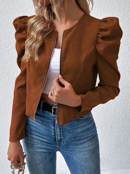 Zip Up Puff Sleeve Jacket - TayDiane