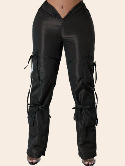 Zipper Casual Pants with Tie Detail - TayDiane