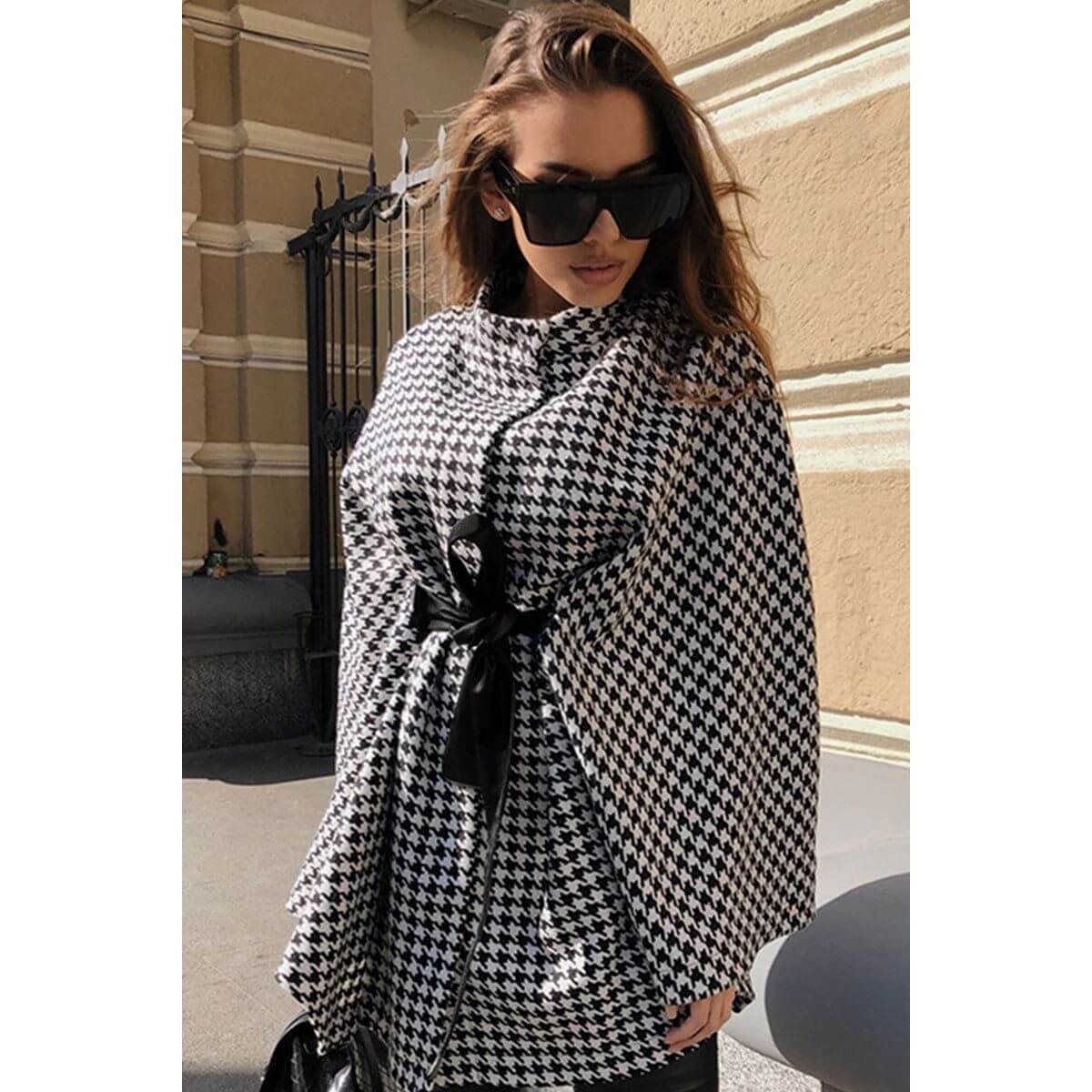 Houndstooth Tie Waist Trench Coat