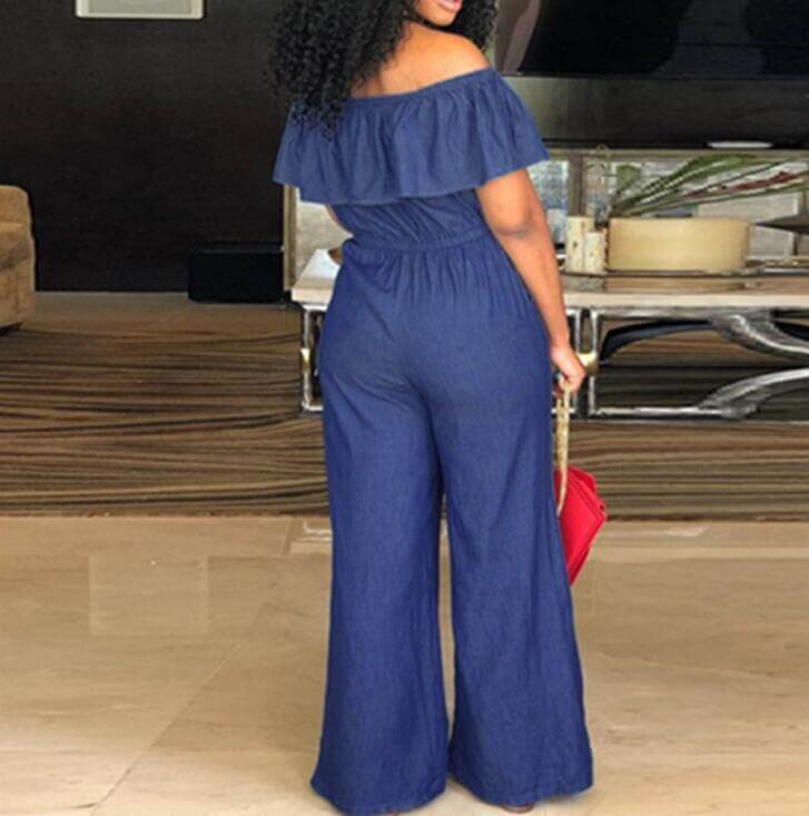 FF Denim Jumpsuit Off Shoulder Ruffles