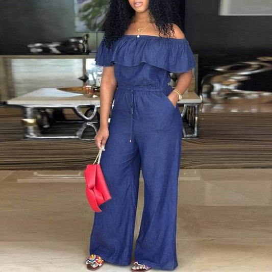 FF Denim Jumpsuit Off Shoulder Ruffles