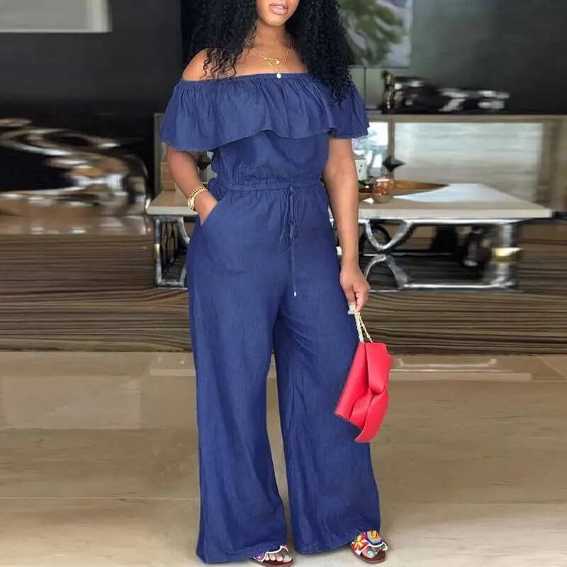 FF Denim Jumpsuit Off Shoulder Ruffles