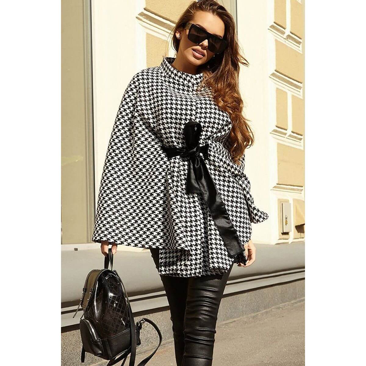 Houndstooth Tie Waist Trench Coat